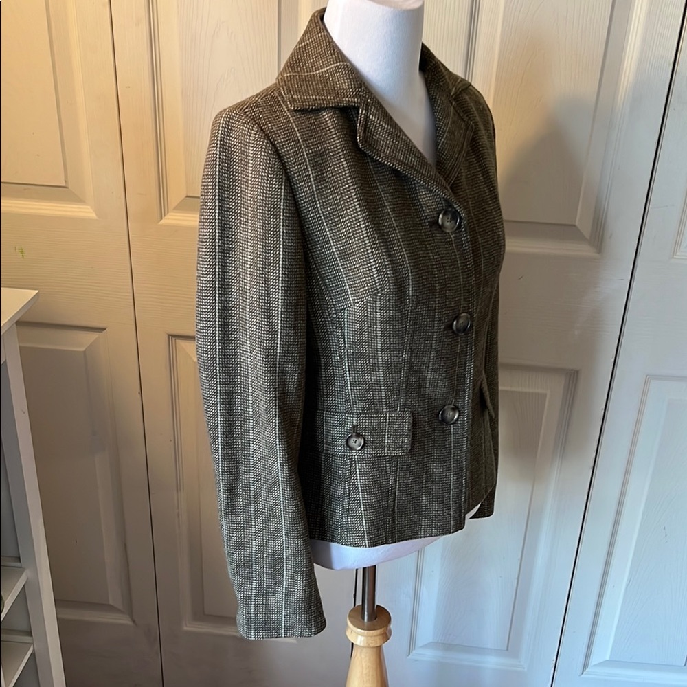 Brown/Green Wool Blazer with Wide Lapel Collar